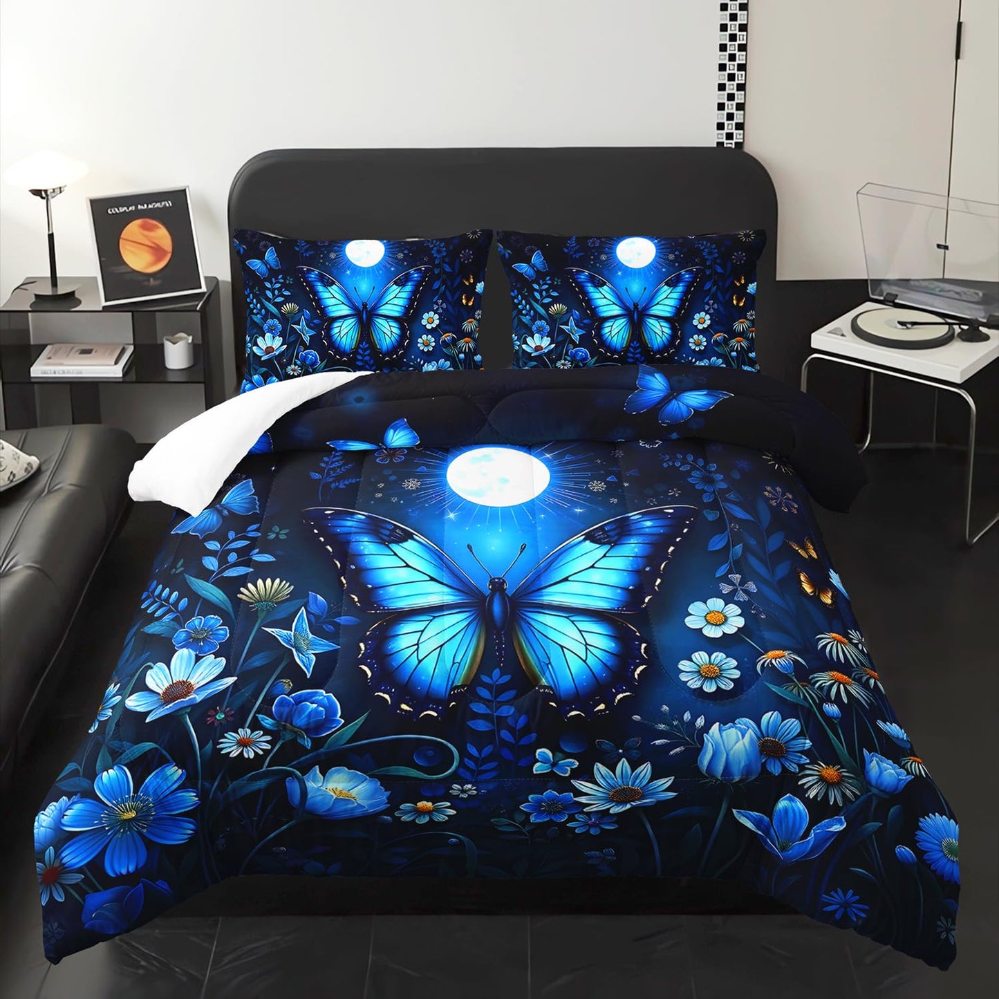 XYNHML Blue Butterfly Themed Comforter 3Pcs Twin Romantic Flower Butterflies Bedding Set for Kid Teen Girl Boy Adult Aesthetics Moonlight Floral Quilt Bed Decor with 1 Comforter and 2 Pillowcases