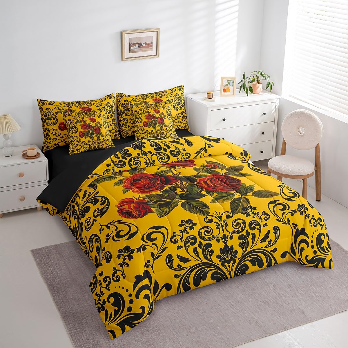 Erosebridal Gothic Roses Bed in A Bag 7 Piece Queen Rose Floral Boho Comforter Set with Sheets Retro Black Damask Rose Flower Bedding Set for Kids Adults Romantic Aesthetics Bed Set Yellow Black