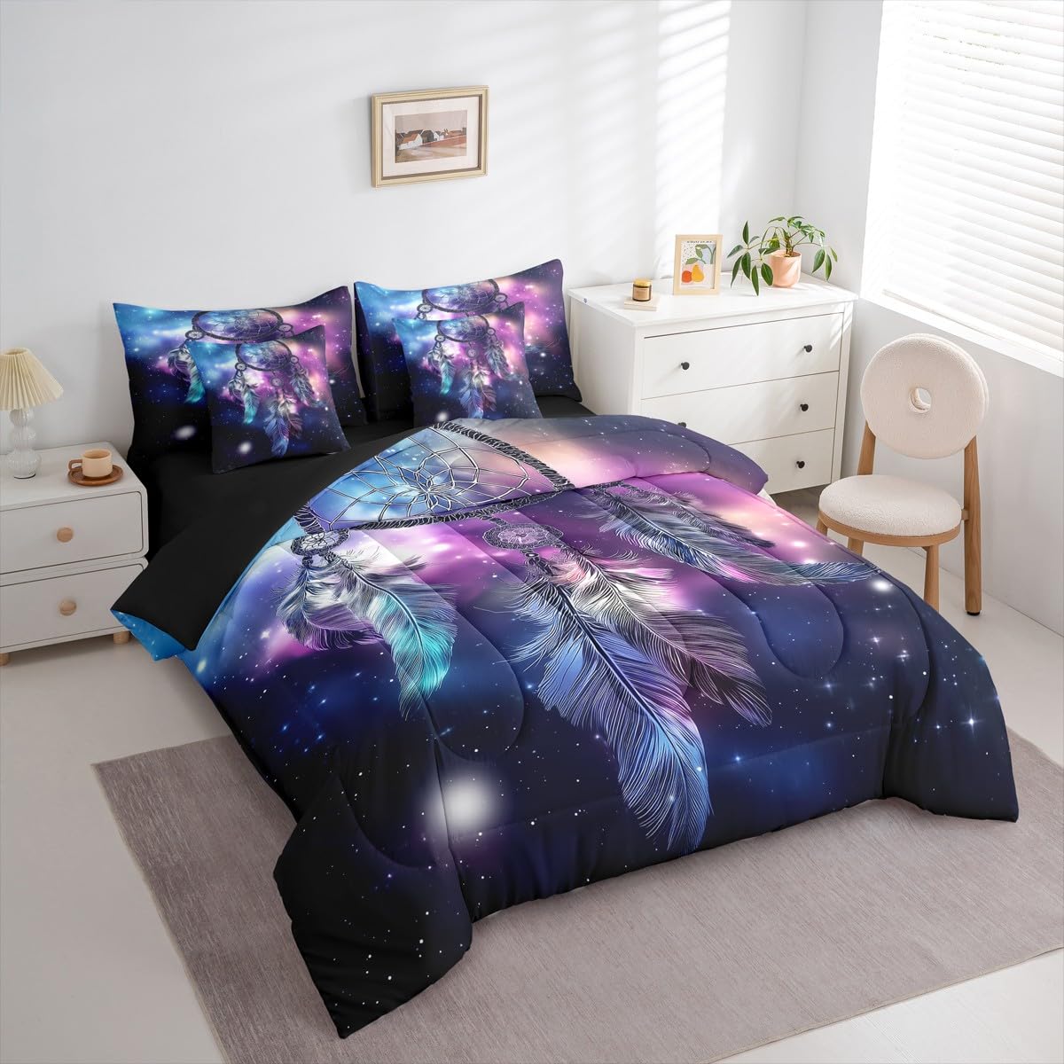 Erosebridal Dream Catcher Full Comforter Set, Nebula 7-Piece Bed in A Bag, Purple Feather Sheets and Pillowcases, Galaxy Starry Sky Bed Sets