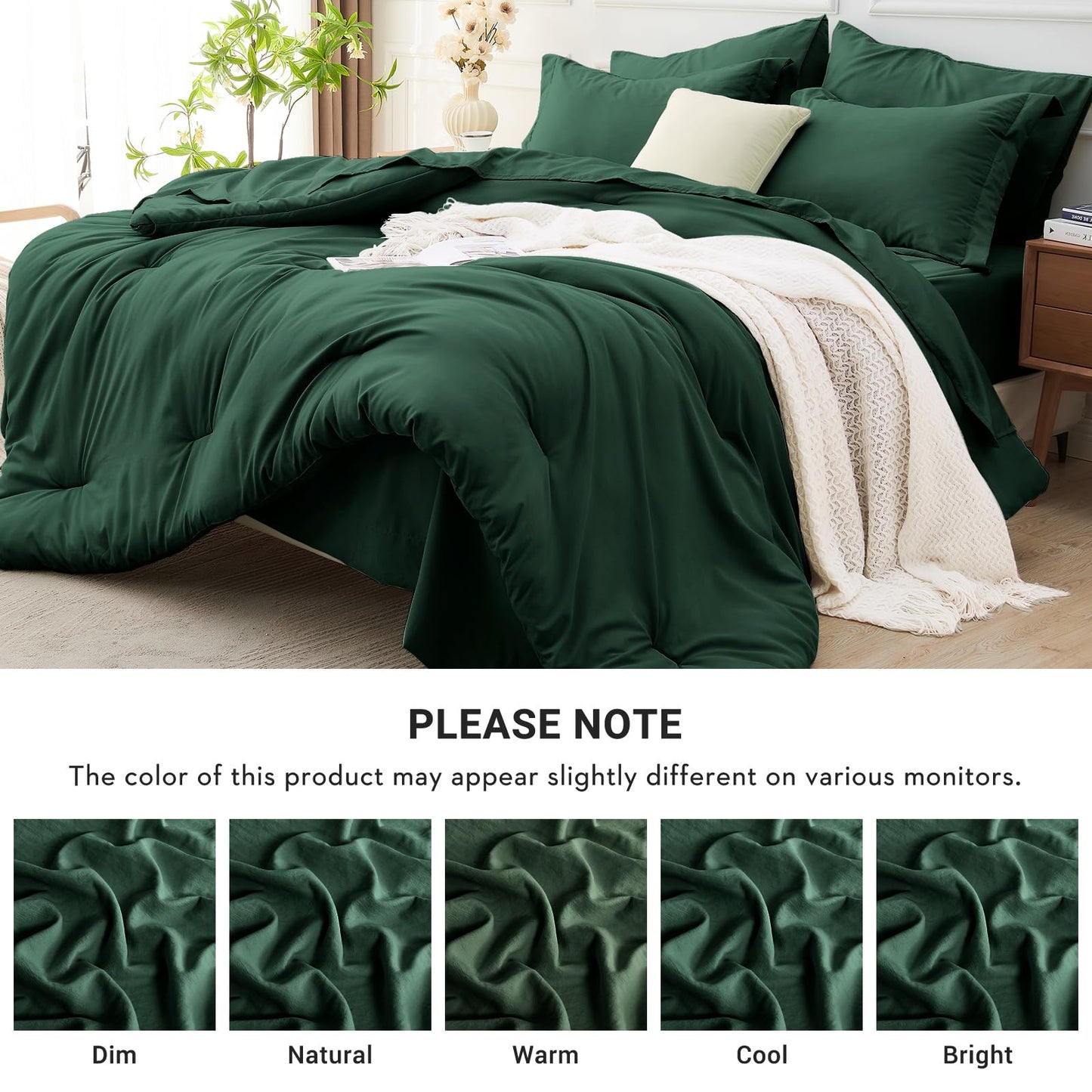 MUXHOMO 7 Pieces King Comforter Set, Soft Bed in a Bag King Size, All Season Bedding Set with Comforter, Flat Sheet, Fitted Sheet, Pillowcases & Shams, Dark Emerald Green