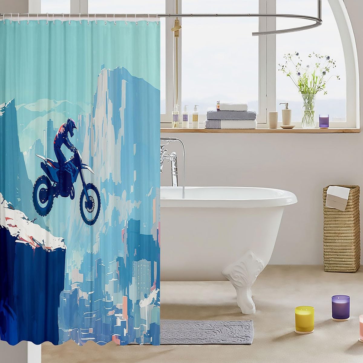Feelyou Boys Girls Dirt Bike Shower Curtain Racing Motocross Bath Curtain Motorcycle Bathroom Shower Curtain Set Kids Motorbike Teens Bathroom Accessories Bedroom Decor 72"x84"