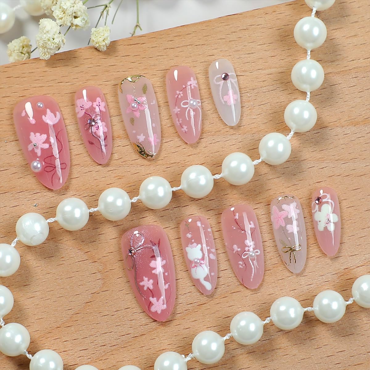 30Pcs Pink Flower Press on Nails Medium Almond Fake Nails Gilding Peach Blossom with Gems Design 3D Pearl Bow False Nails Cute Cat Stick on Nails Handmade Full Cover Artificial Glue on Nails for Women