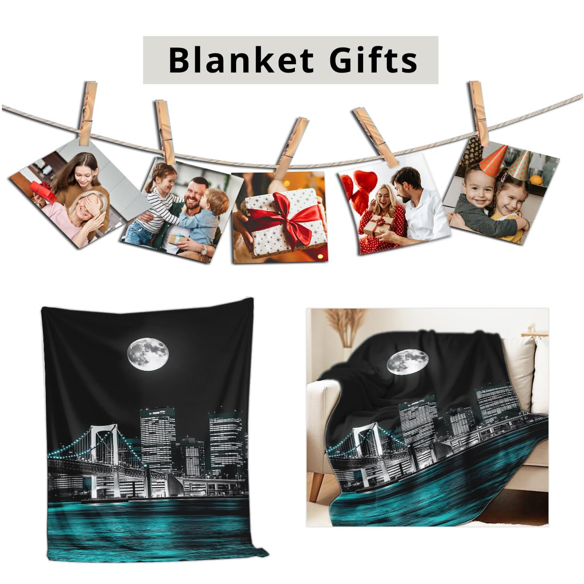 HUNXIAOJ New York City Building Blanket for Bed Couch Cityscape Blanket Throw Black White Teal Decor Flannel Prints Bedding Home Decor (49"x59")