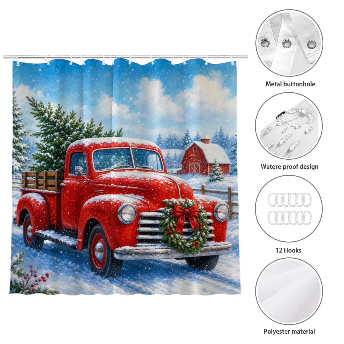 TopPacific Winter Red Truck Shower Curtain 72x72 Inch Shower Curtain with 12 Hooks Polyester Red Truck Wreath Snow Barn Pine Trees Bathroom Decor