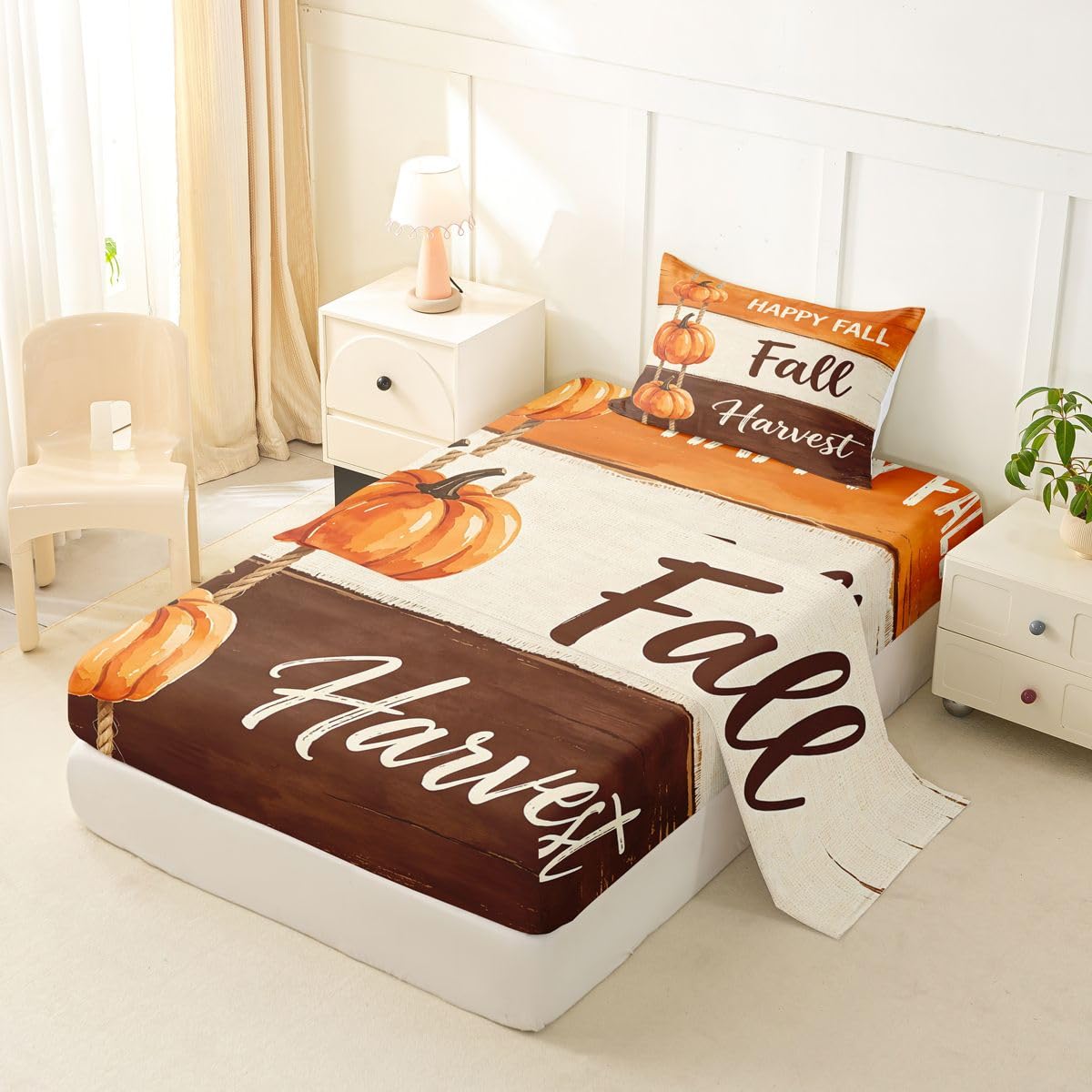 Erosebridal Fall Harvest Bed Sheets Twin Size Rope Hanging Pumpkin Sheet Set Rustic Wooden Art Bedding Set Minimalist Autumn Sheets