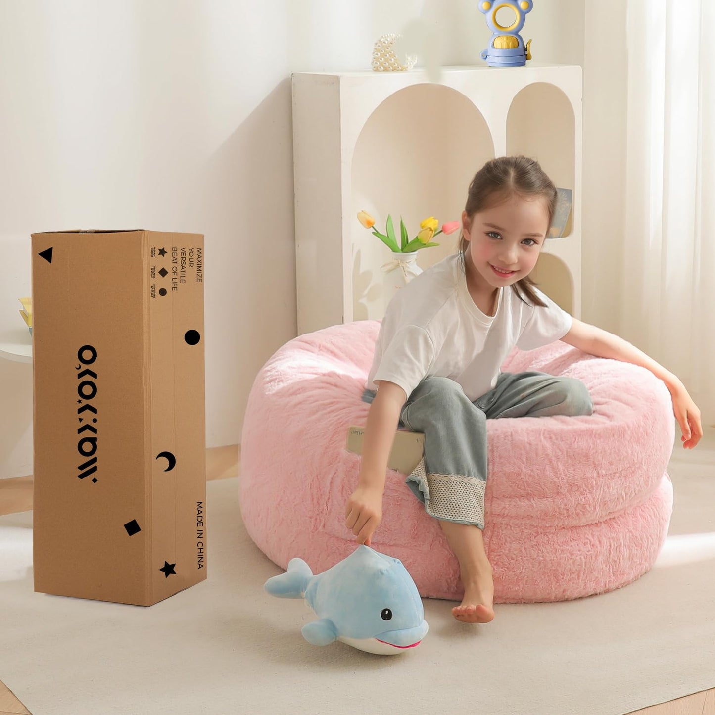 MAXYOYO Bean Bag Chair Bed for Kids, Convertible Bean Bag Folds from Lazy Chair to Floor Bed, Stuffed Floor Sofa Couch Sofa Bed for Boys and Girls, High-Density Foam Filling, Pink