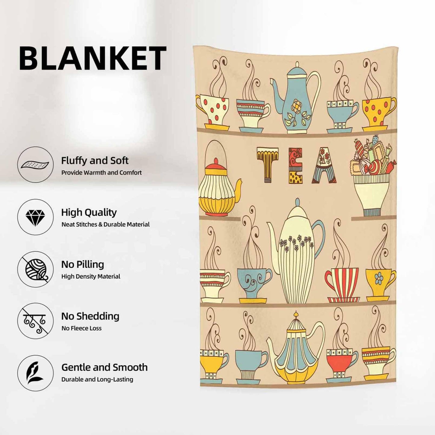 Throw Blanket 50x60 Inch,Tea Cup Teapot Coffee Cozy Soft Lightweight Fuzzy Flannel Blanket 60x50 Inch Suitable for Couch Bed Sofa Living Room in All Seasons
