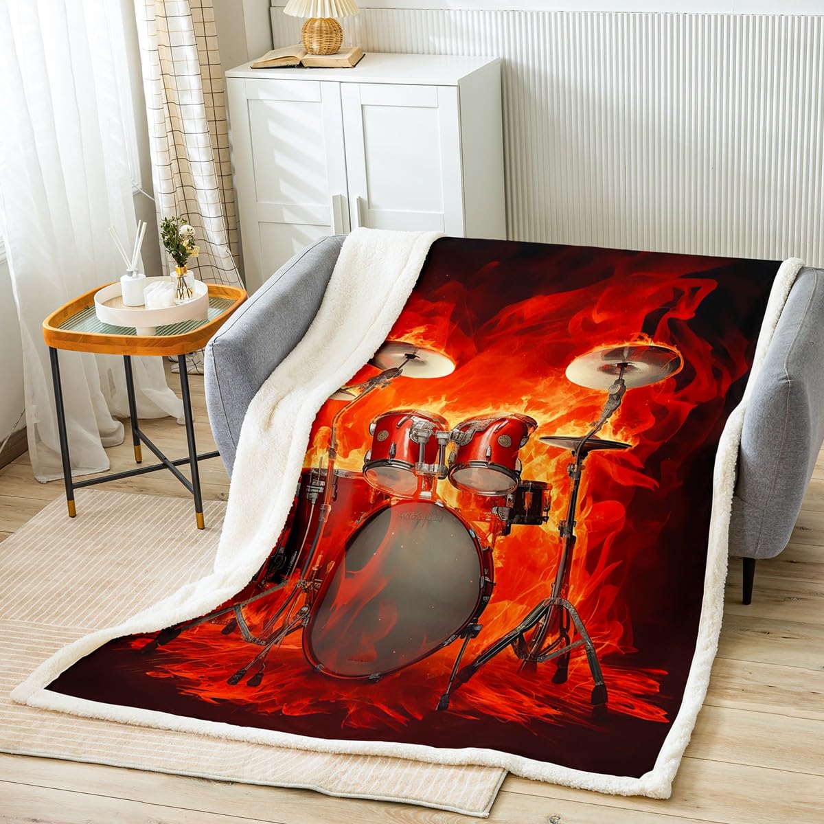 Feelyou Drum Kit Fuzzy Blanket Burning Drum Set Fleece Blanket Rock Music Themed Sherpa Throw Blanket for Sofa Couch Bedroom Decor Hip Pop Musical Pattern Plush Blanket Throw 50"x60"