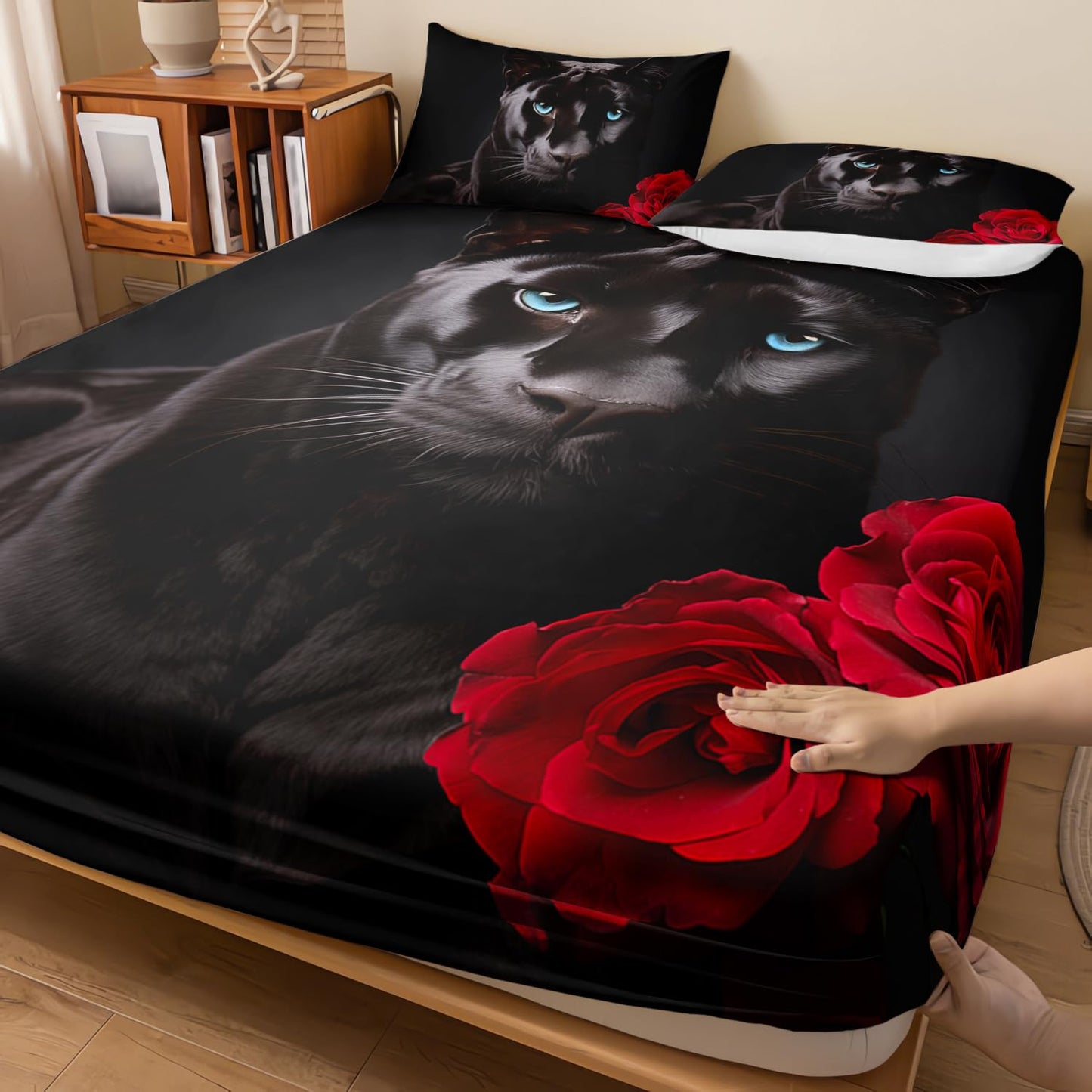 AILONEN 3D Black Panther Fitted Sheet Set Queen Size, Oil Red Rose Bedding Set for Girls Women Wedding Bedroom,Wild Animal Bedsheets Set,3 PCS, 1 Fitted Sheet 2 Pillowcases