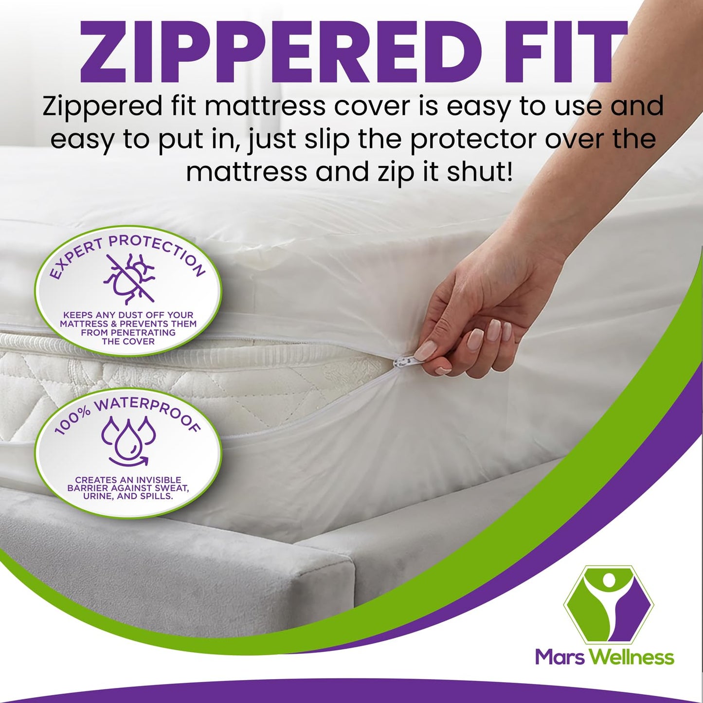 Mars Wellness Waterproof Vinyl Mattress Protector and Cover - Zippered White Mattress Cover Sheet Bed Bugs Mattress Cover - 1 Pack - Queen