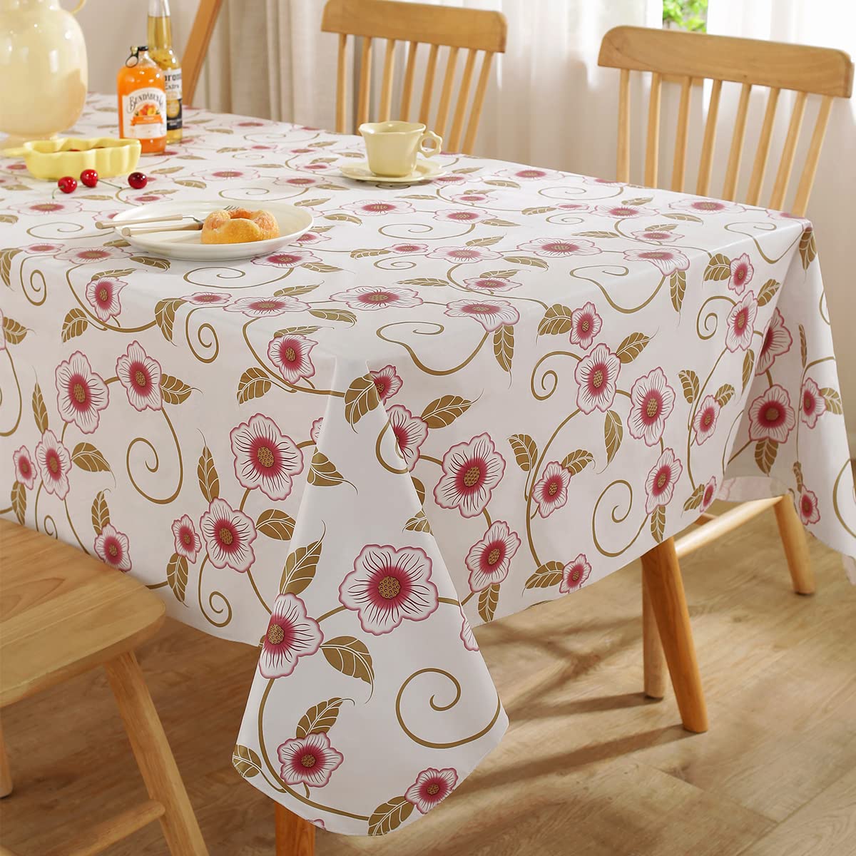 Spring Summer Vinyl Tablecloth with Flannel Backing Rectangle 52 x 70 Inch, 100% Waterproof & Oil Proof Plastic Floral Table Cloth, Heavy Duty Table Cover for Camping, Party, Picnic, Outdoor