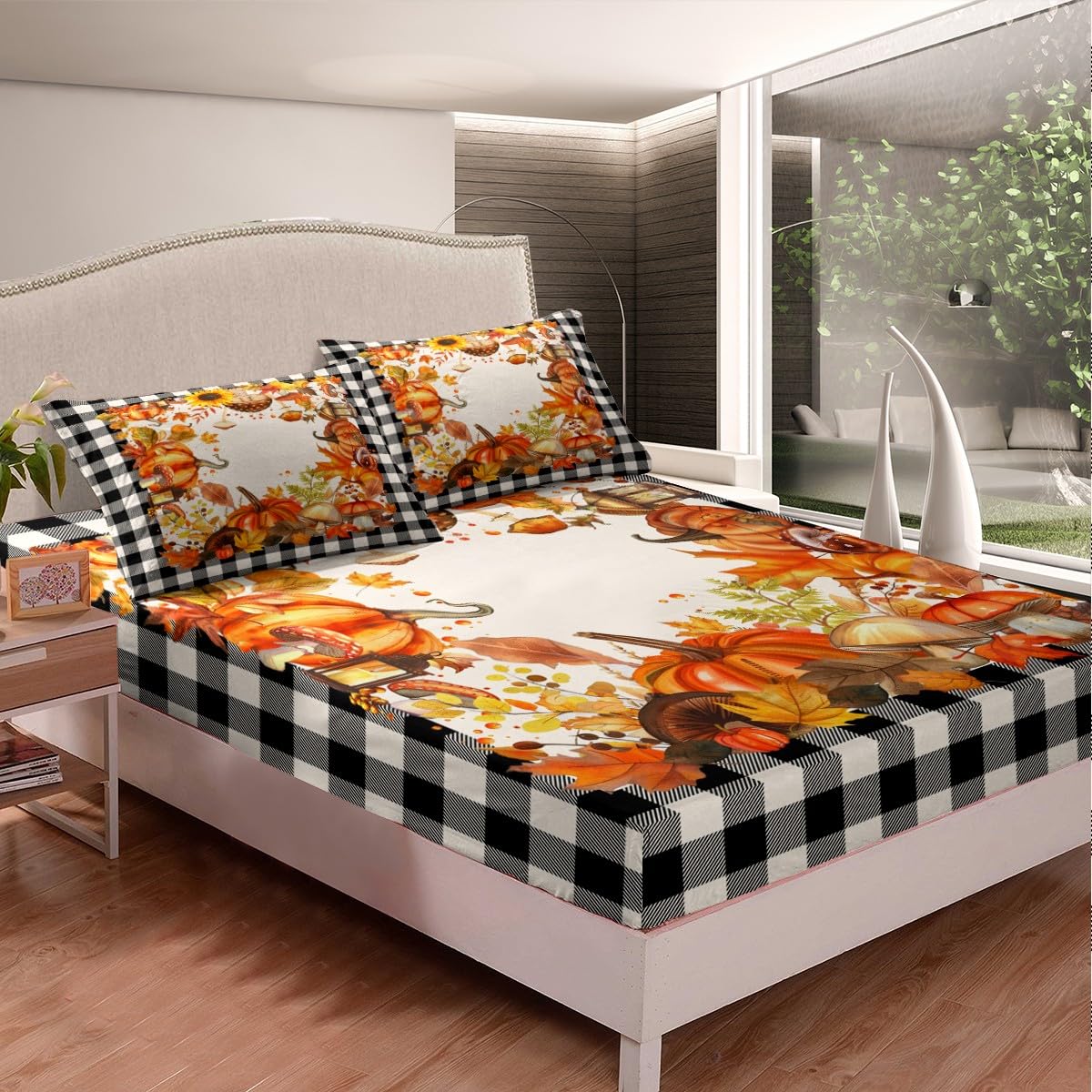 Thanksgiving Bed Sheets Fall Pumpkin Mushrooms Bedding Sheets Queen Brown Buffalo Plaid Sheet Set,Autumn Harvest Season Fitted Sheet + Flat Sheet + 2 Pillow Cases,Fall Decorations For Home Bedroom