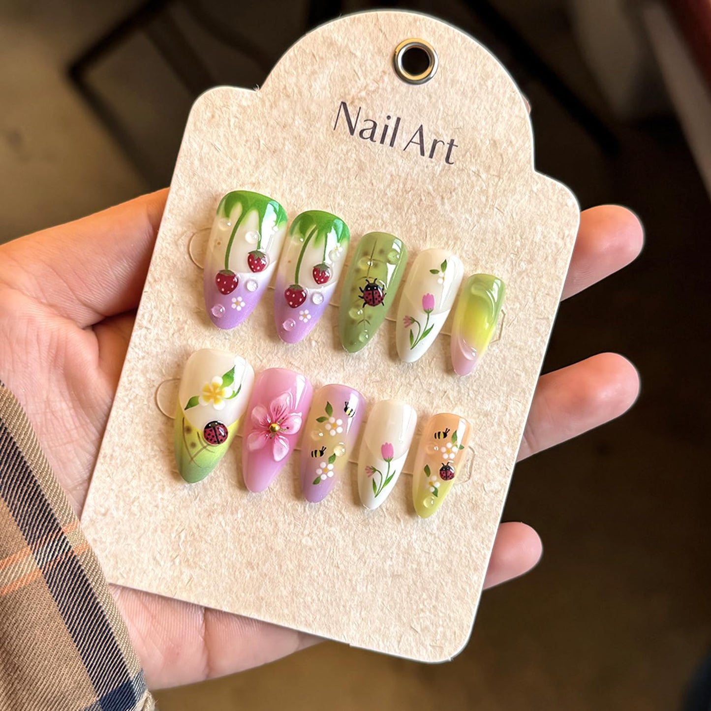 24Pcs Summer Flower Press on Nails Medium Kit Colorful - 3D Ladybug, Strawberry Flower, French Almond-Shaped False Nails Spring Summer Nail Art Handmade Stick on Nails for Women