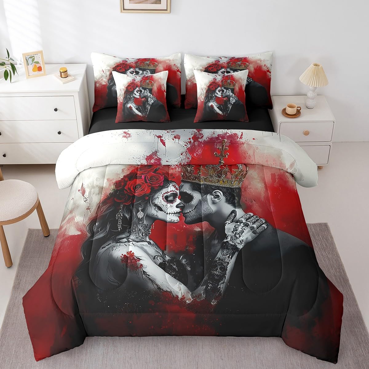 Erosebridal 3D Couple Skull Bedding Set King Size,Romantic Gothic Lover Comforter Set,Valentine's Day (Comforter+Fitted+Flat Sheet+2 Pillowcases+2 Throw Pillow Covers) 7 Pieces Blood Print Bed Set