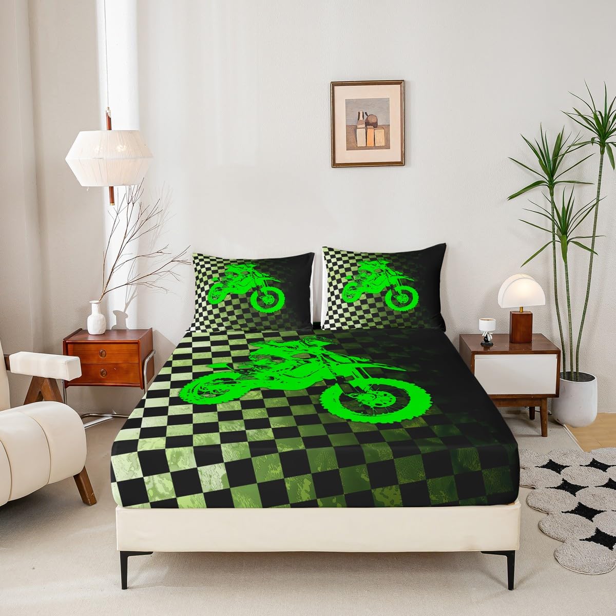 Boys Dirt Bike Bed Sheets,Motocross Rider Queen Sheet Set,Black and White Buffalo Plaid Sheets,Cool Sport Car Flat Sheet Fluorescent Green Motorcycle Fitted Sheet for Kids Teens Bedroom Decor…