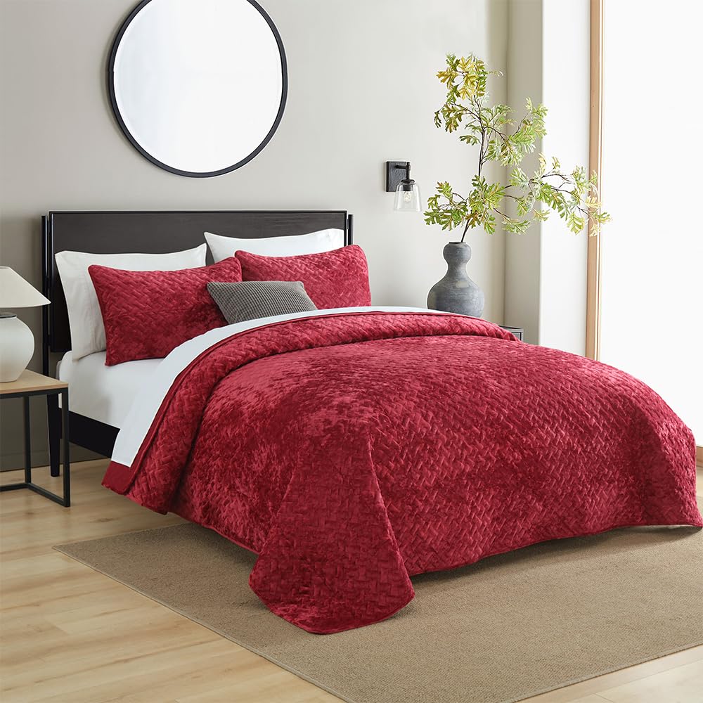 Liians Velvet Bedspread Quilt Bedding Sets,Luxury Elegant Ultra Soft Velvet Comforters Coverlet Blankets,Weave Stitching Pattern Cotton Quilted Bedspread for All Seasons,Red,King Size