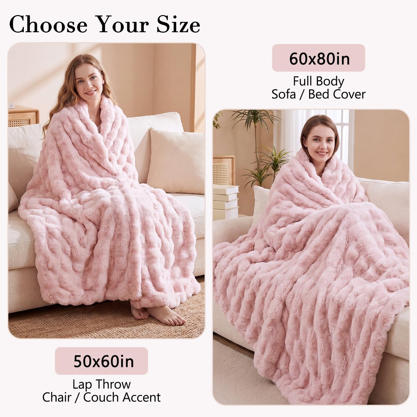 Opulapel Light Pink Throw Blanket Fluffy Fuzzy Soft Blanket for Couch Faux Rabbit Fur Blanket Bubble for Bed Living Room Gift for Women,50 * 60 Inches 860GSM