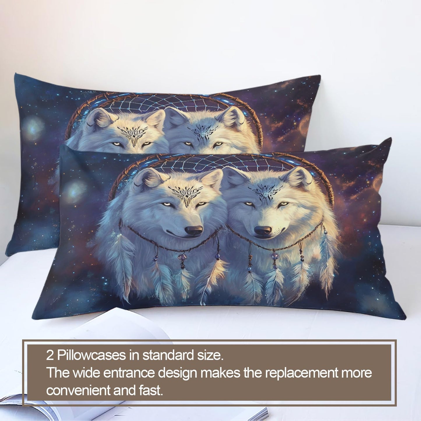 PAISUOQ Wolf Print Duvet Cover Queen Size, Galaxy Wolf Bedding Sets, 3 Piece, Soft Microfiber Patterned Comforter Cover with Zipper Ties & 2 Pillowcase, White Animals Bedroom Decor & Gifts