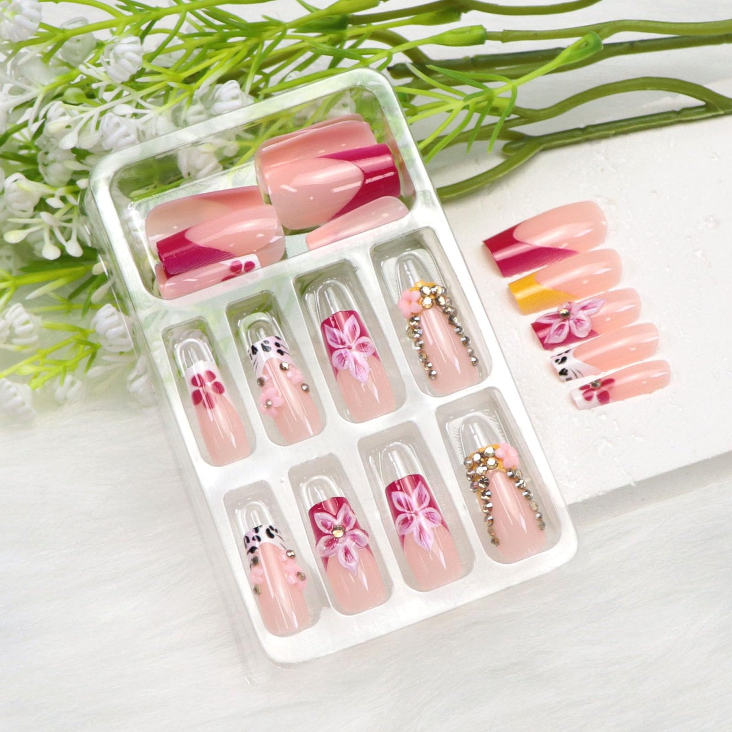 Medium Press on Nails Square Fake Nails with 3D Flower Rhinestones Designs White Pink Yellow Nails Press ons Fall False Nails for Women 24Pcs