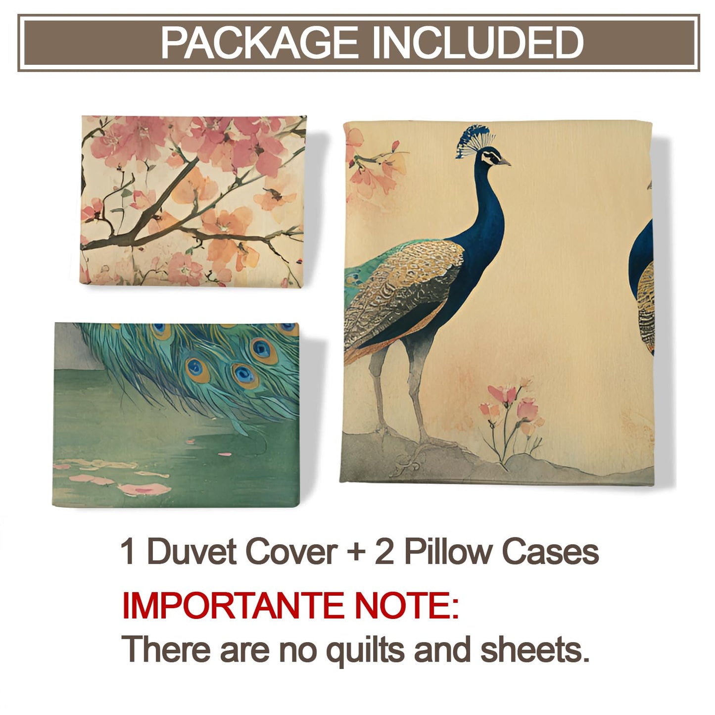 Peacock Duvet Cover Twin Size, Retro Bird Animal Comforter Cover 68" x 90", Oriental Floral Bedding Set with 2 Pillowcases