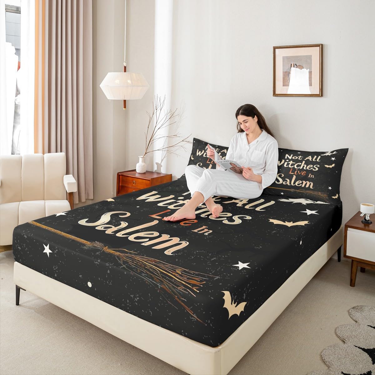 Feelyou Halloween Decor Fitted Sheet with 2 Pillowcases Full Size Witch Bed Sheets Set 16" Deep Pocket Boys Girls Magic Broom Bedding Happy Halloween Teens Bedroom Decor Breathable Soft