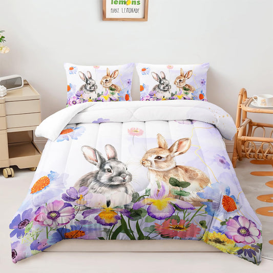 AILONEN Watercolor Comforter Set, Twin Size, Microfiber Soft Bedding Set with 3-Piece Tie Dye Rabbit Printed Home Decorative Comforter and 2 Pillowcases, Wild Flower Rabbit Themed