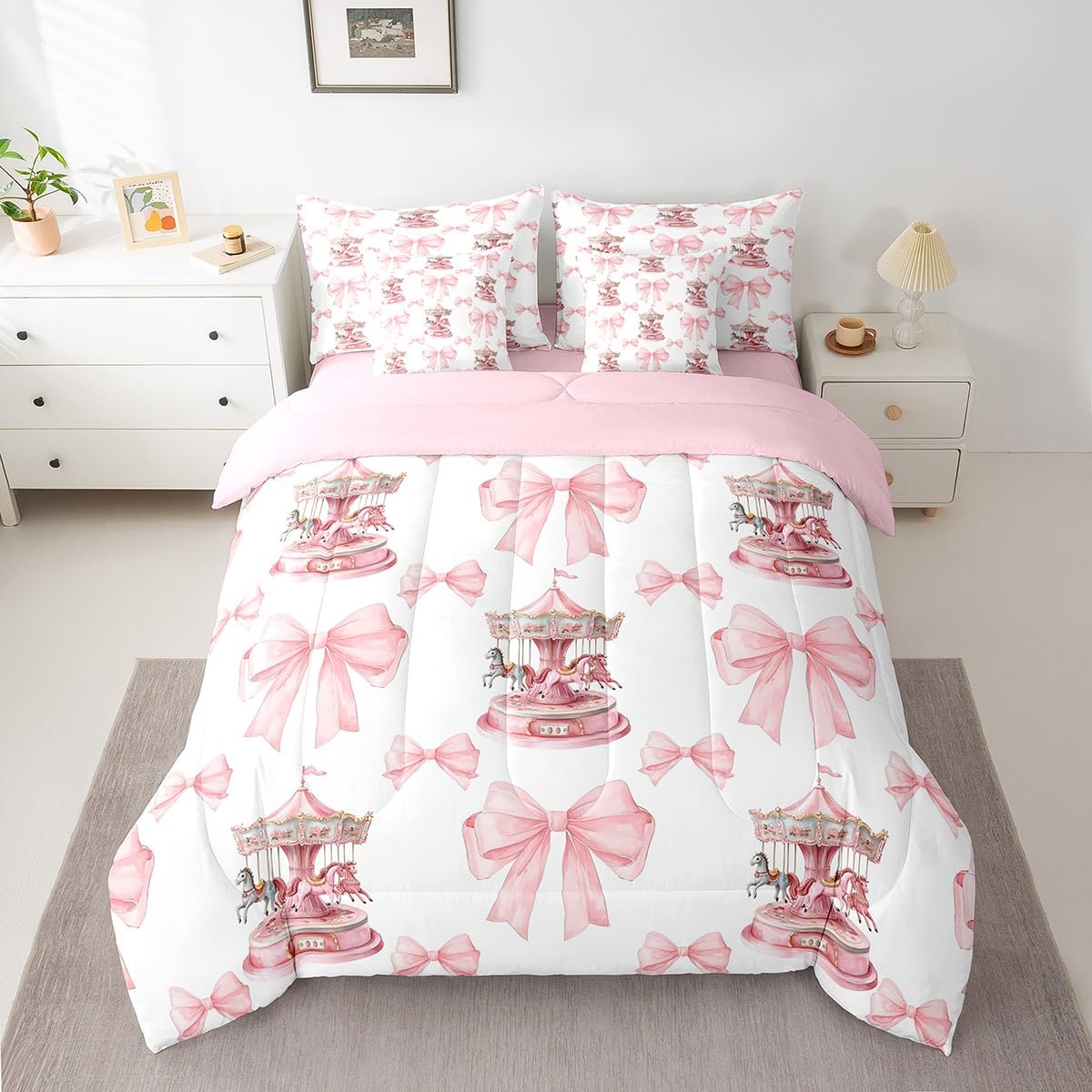 Erosebridal 7 Piece Girls Pink Princess Kids Comforter Set King Bed in a Bag,Romantic Bowknot Carousel Bedding Set for Kids Children,Dreamy Bows Duvet Insert,Cartoon Horse Geometric Sheet Set
