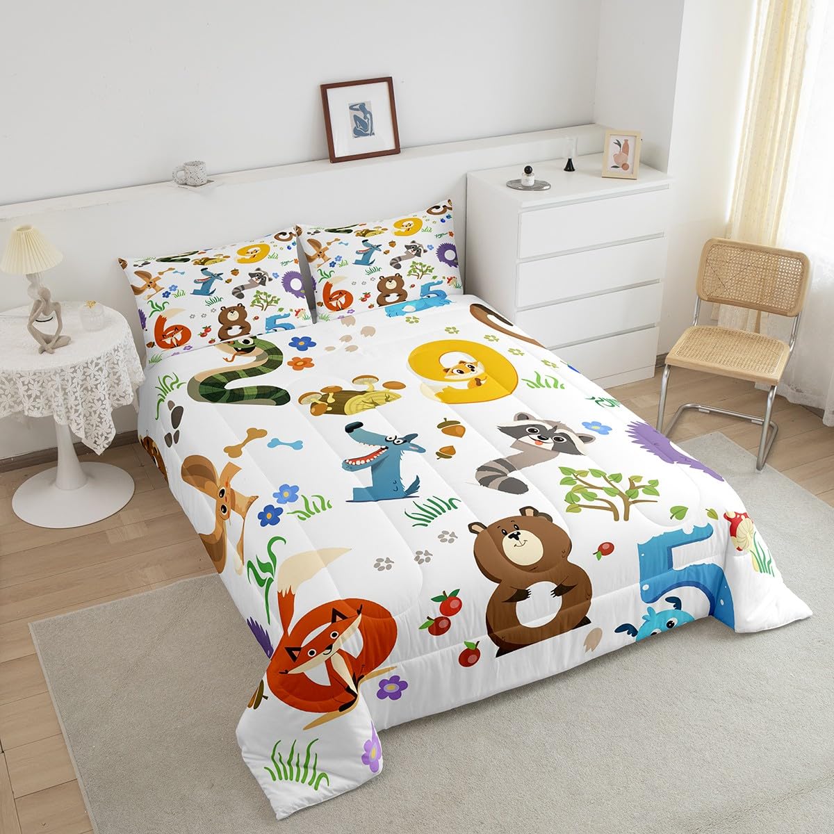 Feelyou Cartoon Animal Comforter Set King Size Zoo Animal Bedding Set for Boys Girls Teens Bedroom Decor Wildlife Comforter Women Men Hipster Style Duvet Set with 2 Pillow Case