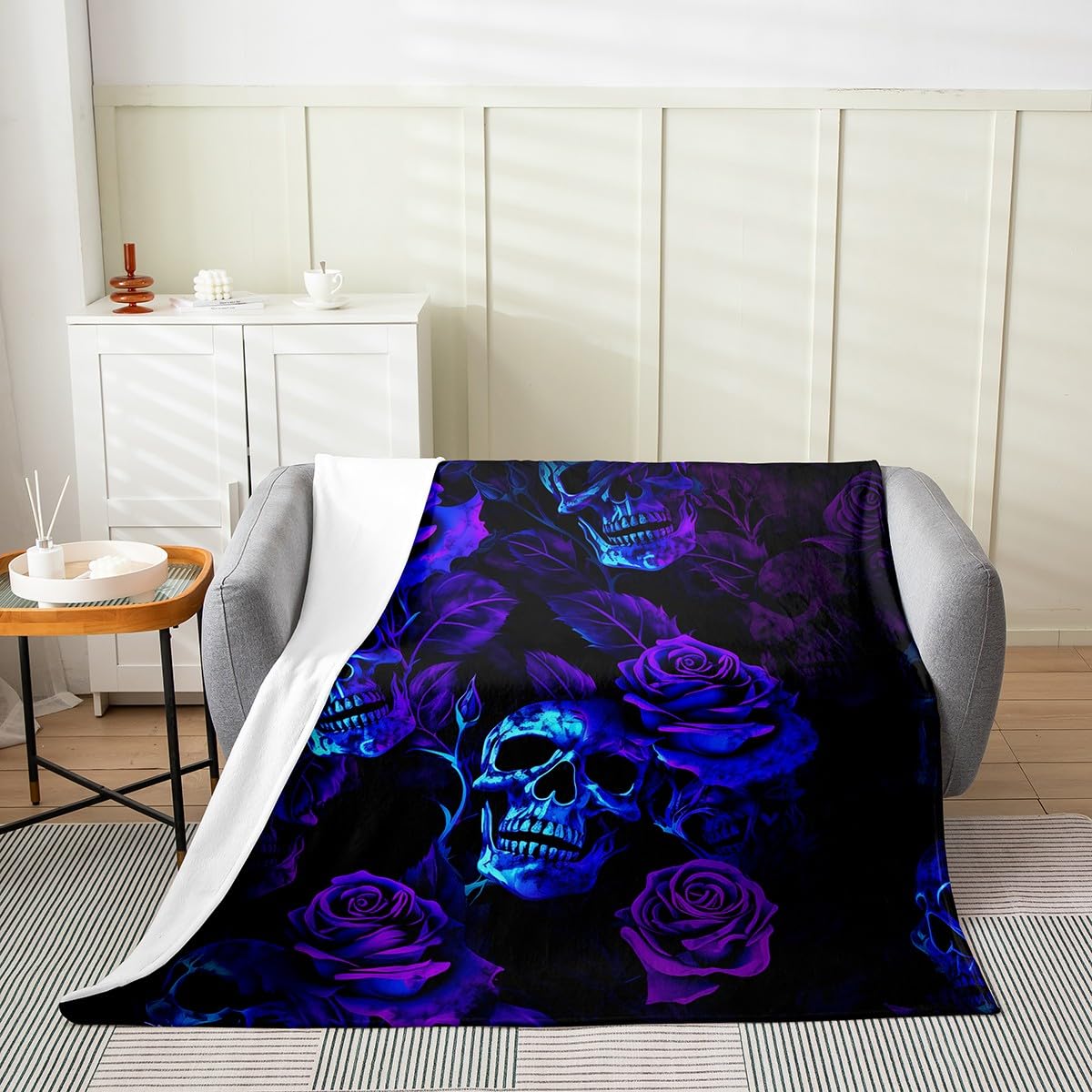 Feelyou Sugar Skull Fuzzy Blanket Queen 90"x90" Purple Blue Rose for Sofa Couch Teens Toddler Flannel Fleece Throw Blanket Gothic Skull All Season Bed Blanket Scary Plush Blanket