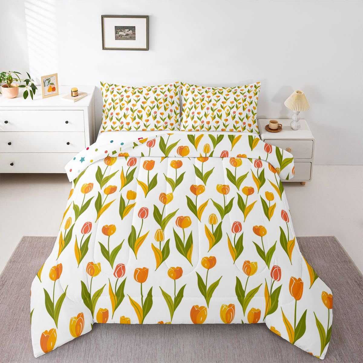 Feelyou Tulip Comforter Set Queen Size Cute Floral Bedding Set for Kids Boys Girls Cartoon Flower Duvet Quilt Plant Bedroom Decor Microfiber 3 Pcs with 2 Pillow Cases