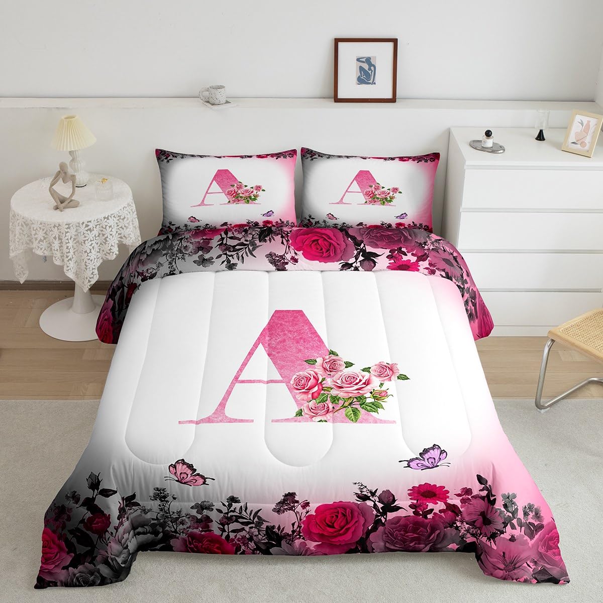 jejeloiu Letter Flowers Comforter Set Queen Size for Kids Teens Girls Woman Personalized Initial A Bedding Set Ultra Soft Black Pink Floral Rose Butterfly Duvet Quilt Monogrammed Duvet Modern Fashion