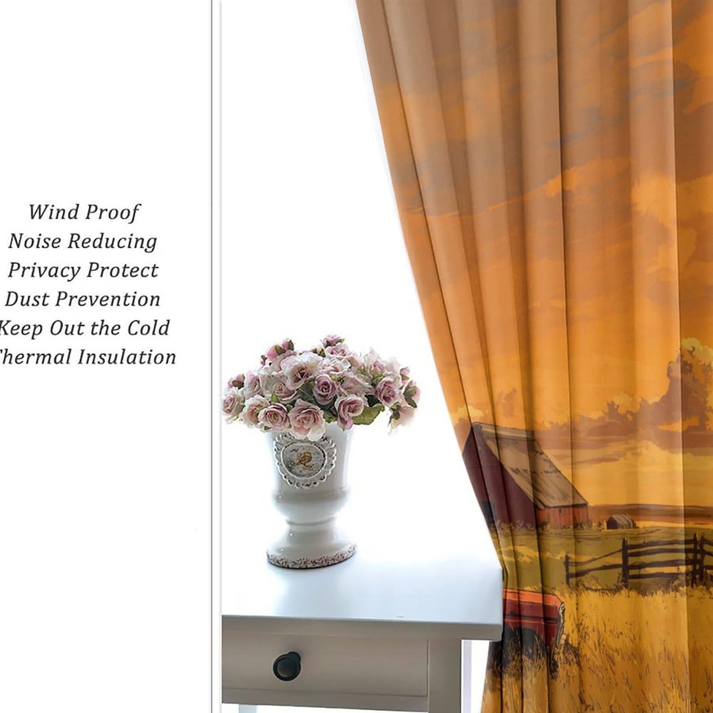 NAQSKQF Farmhouse Red Truck Barn Sunset Blackout Curtains, Grommet Thermal Insulated Window Drapes, Vintage Wheat Cloud Fence Print for Bedroom Living Room, 21W x 45L Per Panel, Set of 2 Panels
