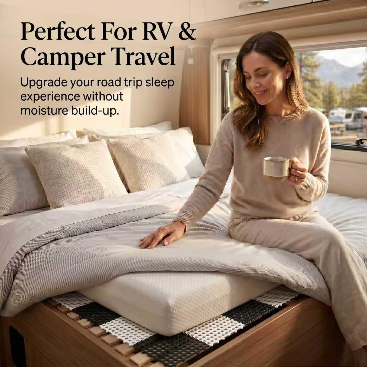 83" L x 59" Inch Plastic Ventilated Mattress Underlay Pad for RV Boat Camper Interlocking Modular Design, Breathable Mesh RV Under Mattress Ventilation Air-Flow (Black+White)