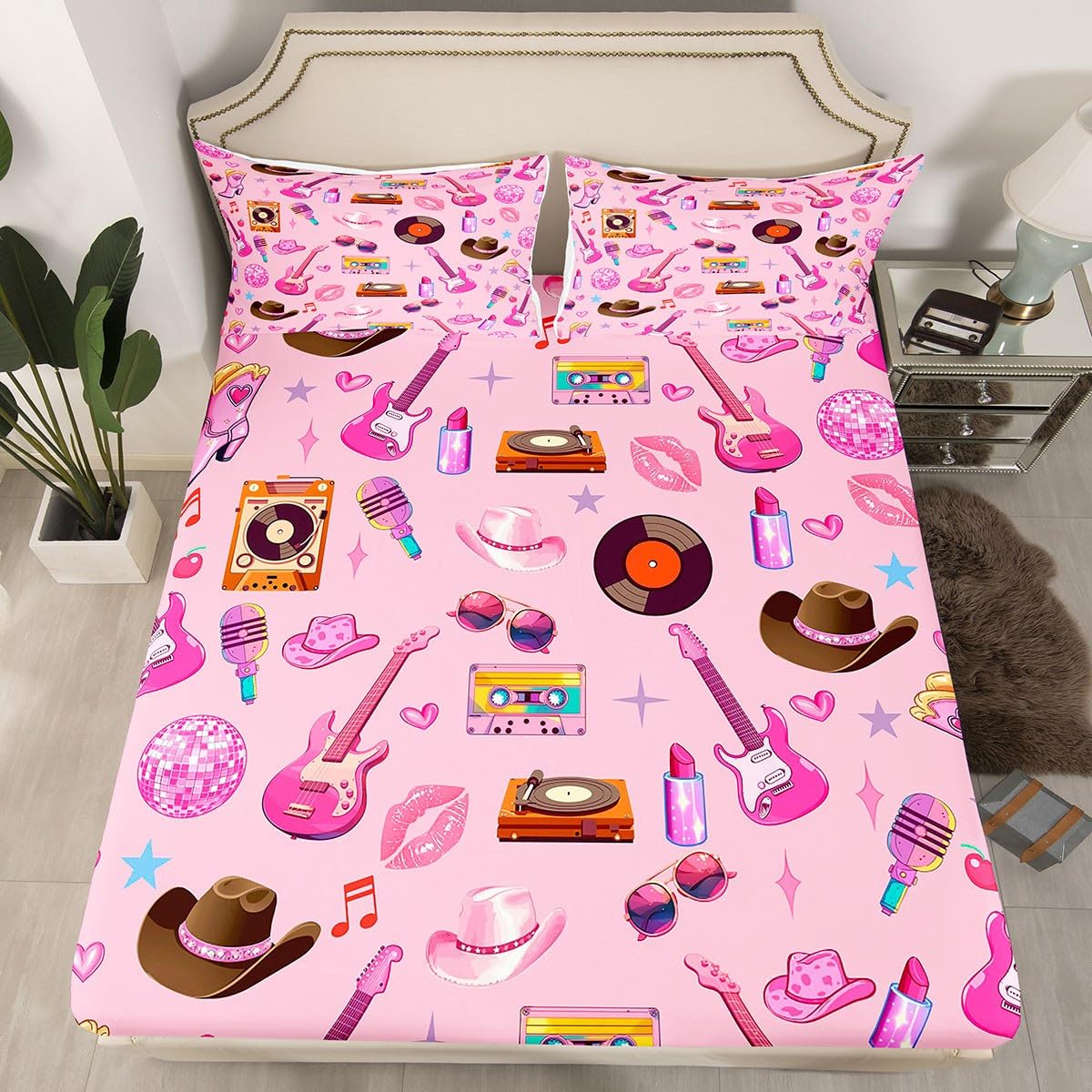 jejeloiu Girls Music Bed Sheets Pink Guitar Cat Western Cowgirl Bedding Set Full Size Fashion Women Singer Bed Cover Pink Room Decor Lightweight Deep Pocket Fitted Sheet (No Top Sheet)