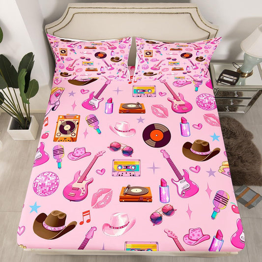 jejeloiu Girls Music Bed Sheets Pink Guitar Cat Western Cowgirl Bedding Set Full Size Fashion Women Singer Bed Cover Pink Room Decor Lightweight Deep Pocket Fitted Sheet (No Top Sheet)
