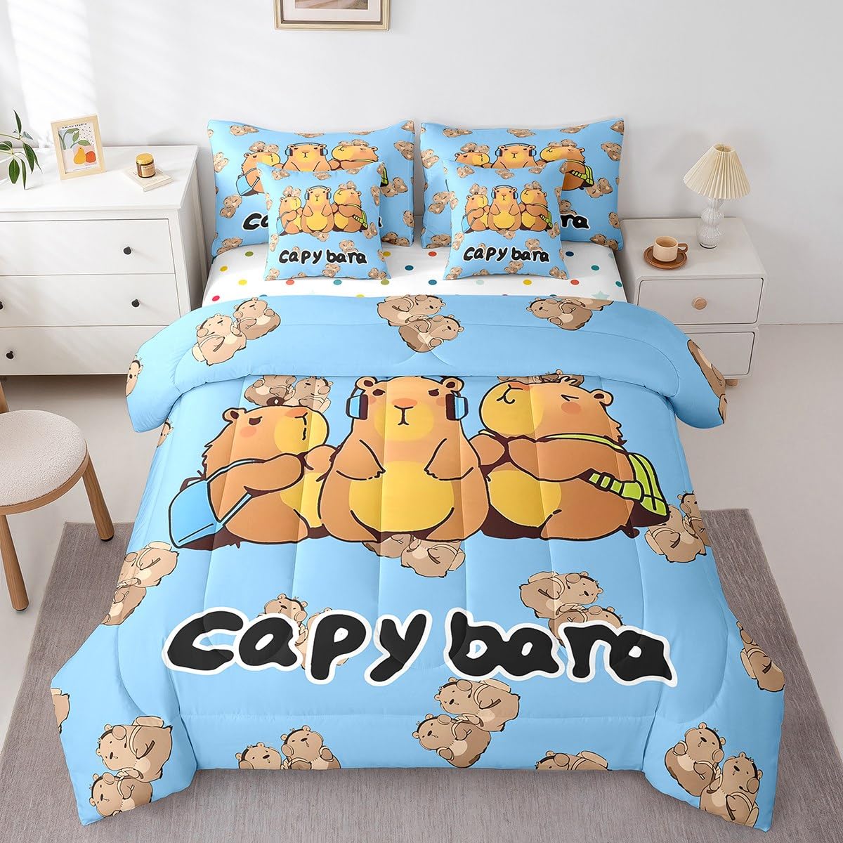 Kawaii Capybara Comforter Set 7 Piece Bed in a Bag Twin, Cartoon Rodents Bedding Sets Cute Beaver Wild Animals Pattern Comforter and Sheet Set, Wild Safari Natural Theme Wildlife Print Bed Set, Blue