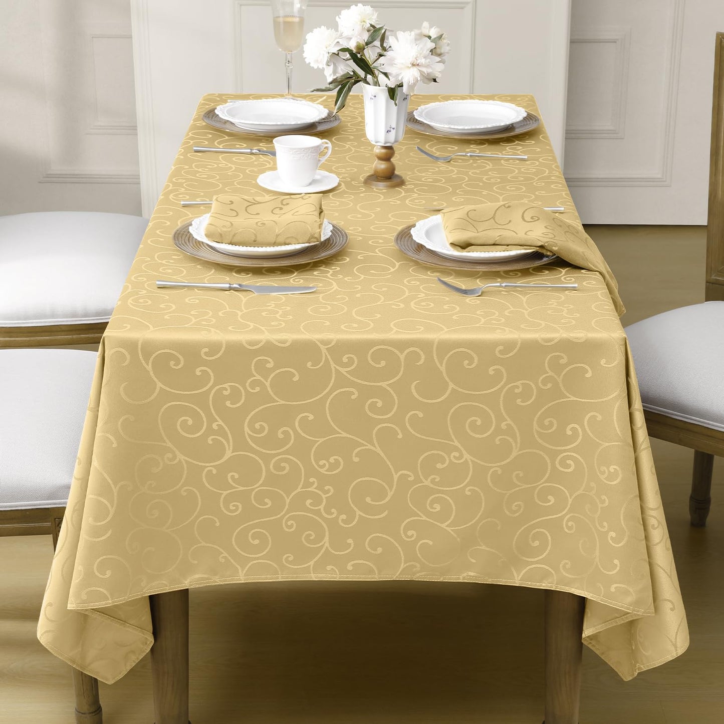 Romanstile Christmas Jacquard Rectangle Tablecloth - Gold Waterproof Damask Curly Floral Pattern Decorative Table Cloth, Heavy Weight Fabric Table Cover for Dining/Party/Holiday - 60 x 104 Inch