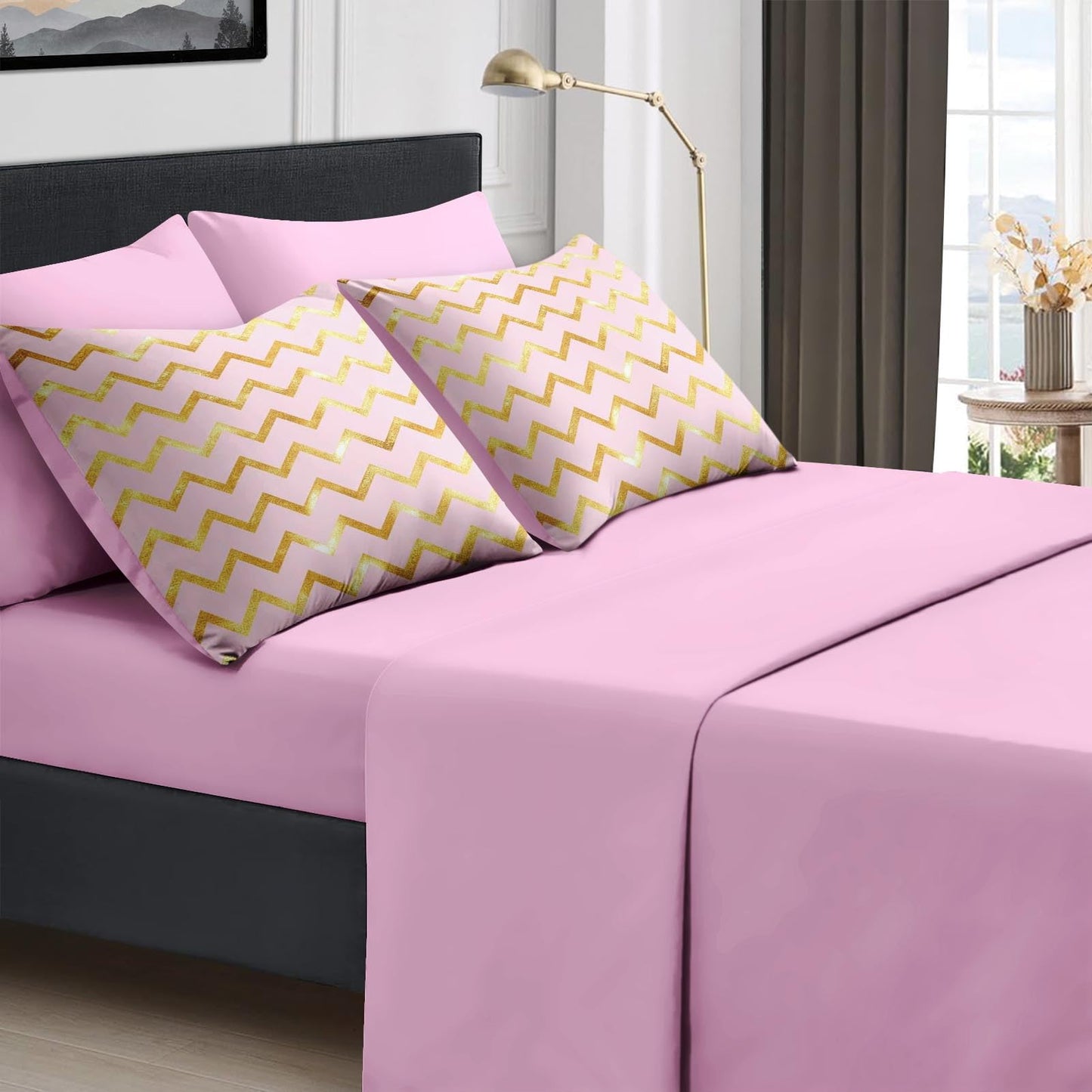 Boewywh Comforter Set Twin Size Gold Pink Glitter 7 Pcs, Bedding for Kids and Adults, Bed Sheet Sets with Fitted Sheet 2 Pillowcases & 2 Shams for Bedroom Bed Decor