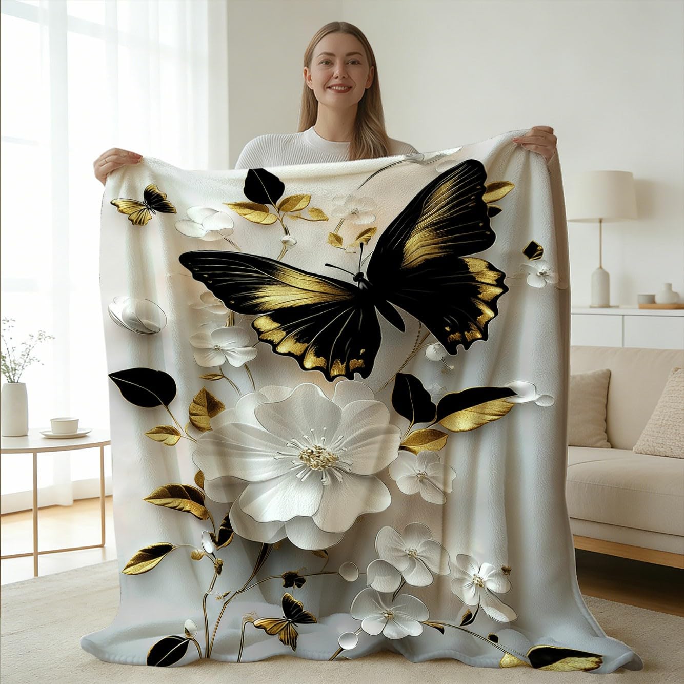 GXYAOYZG Butterfly Throw Blanket Soft Cozy Warm Flannel Throws Black Gold White Floral Decor Lightweight Blankets for Couch Bed Sofa Gifts for Women All Seasons (49" x 59")
