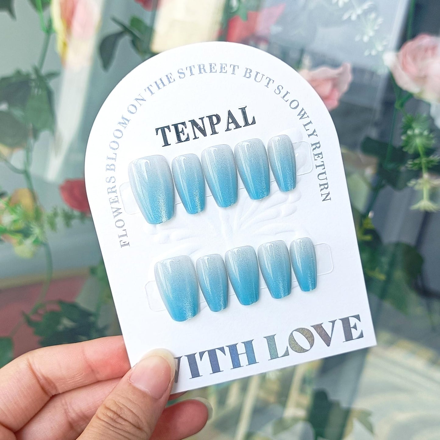 TENPAL 10Pcs Handmade Press On Nails Medium Coffin,Icy Blue Cat Eye Ombre Fake Nails w/Crystal Shimmer,Salon Quality Soft Gel Manicure Set w/Tools,Glossy Acrylic Nails for Daily Wear & Vacation(XS)