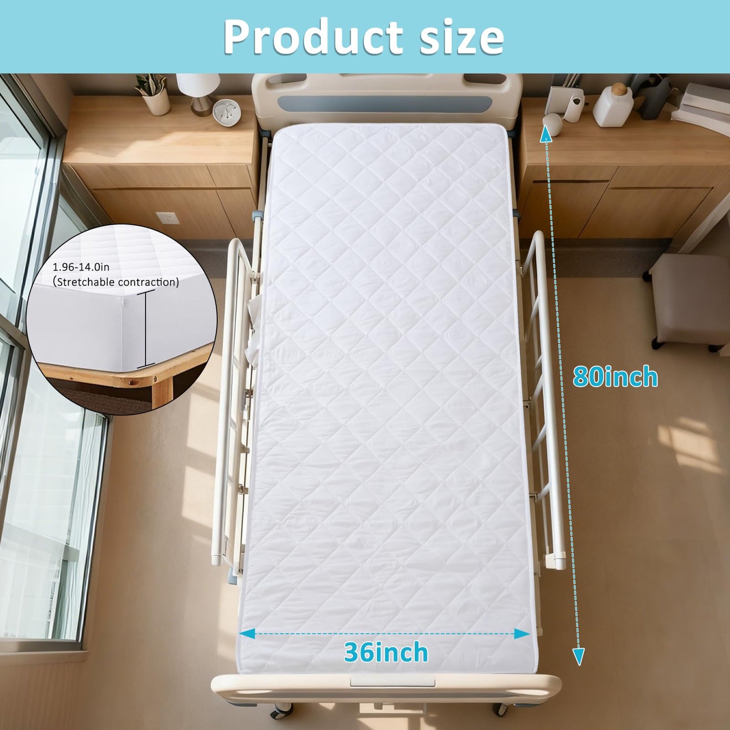Hospital Bed Mattress Protector Cover Waterproof 36" x 80" x 14" Hospital Bed Sheets Incontinence Protection, Soft Breathable Mattress Pad for Elderly, Adults Machine Washable, White