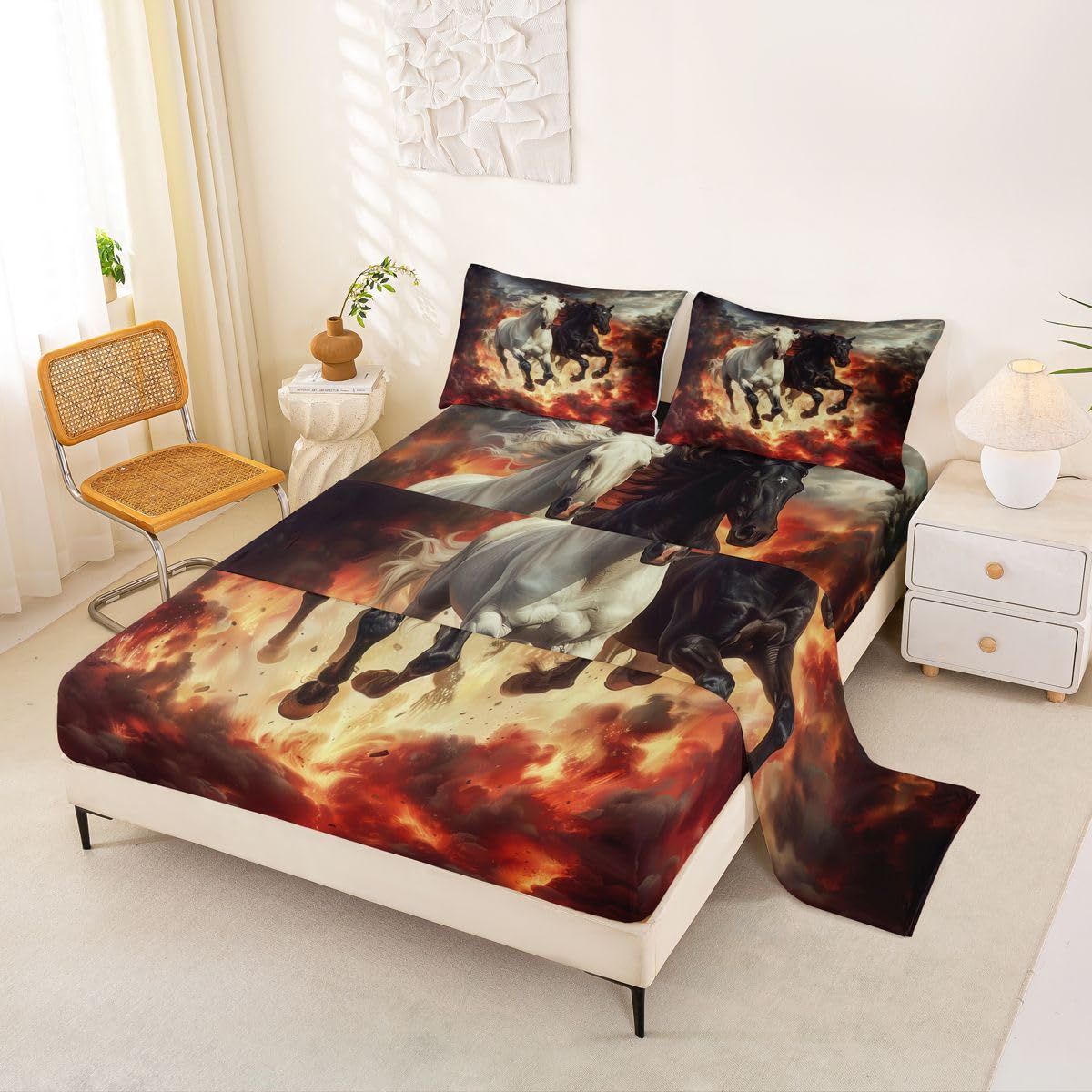 jejeloiu Horse Bed Sheets Sets Queen Size Kids Boys Girls Black and White Horse Bedding Set Western Farm Animals Bed Sheet Set with 16-Inch Deep Pockets Country Farmhouse 4Pcs with 2 Pillow Cases