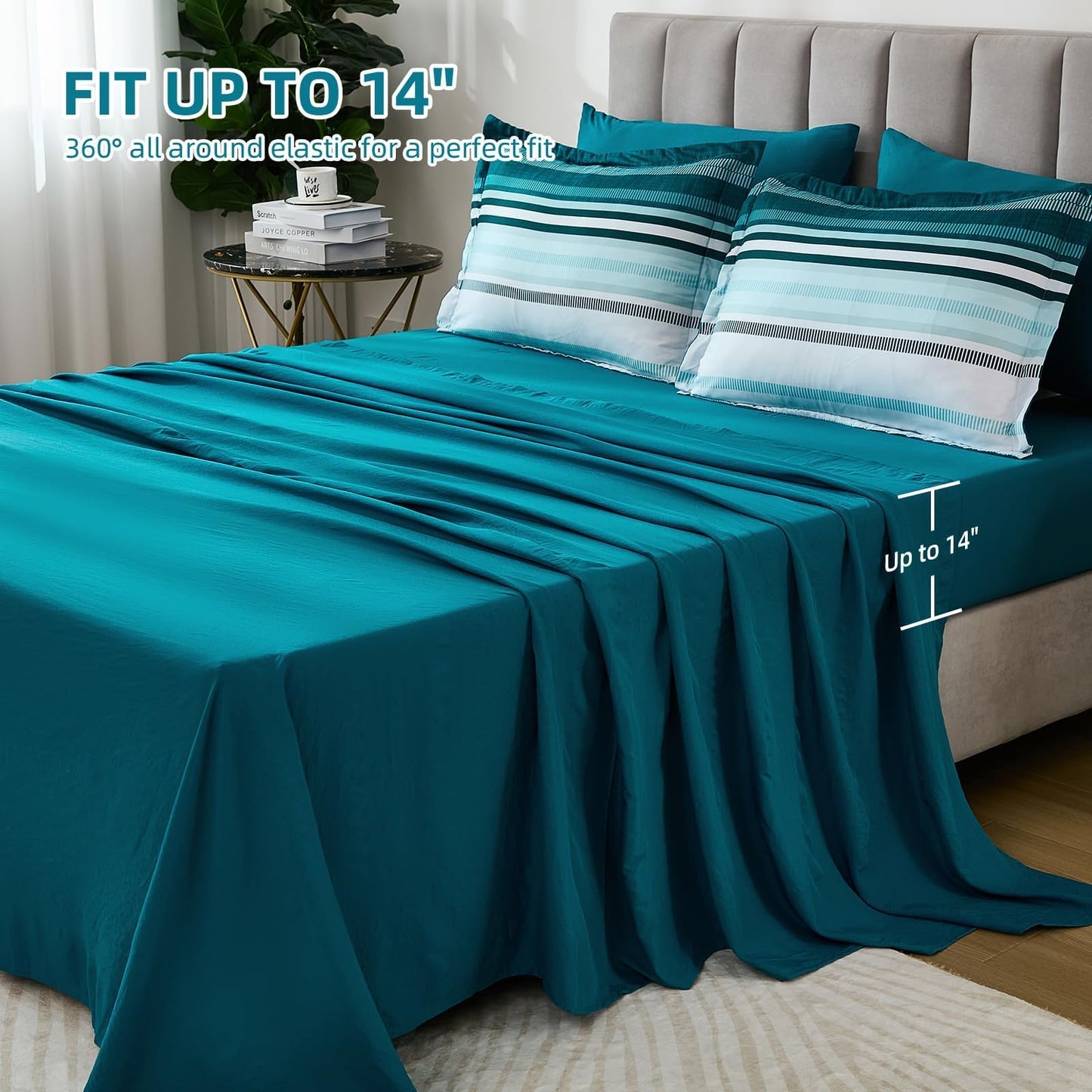 Dobuyly Teal Queen Comforter Set 7 Pieces, Blue Boho Striped Bed in a Bag Queen Size Soft Microfiber All Season Bedding Set with Comforter, Sheets, Pillowcases & Shams