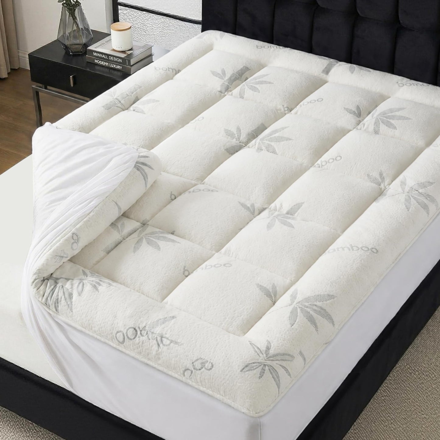 TREEFAIRY King Size Mattress Topper - Rayon Made from Bamboo Thick Pillow Top Mattress Pad with Stretchable Pockets for 6-16 inches Mattress, Light Grey