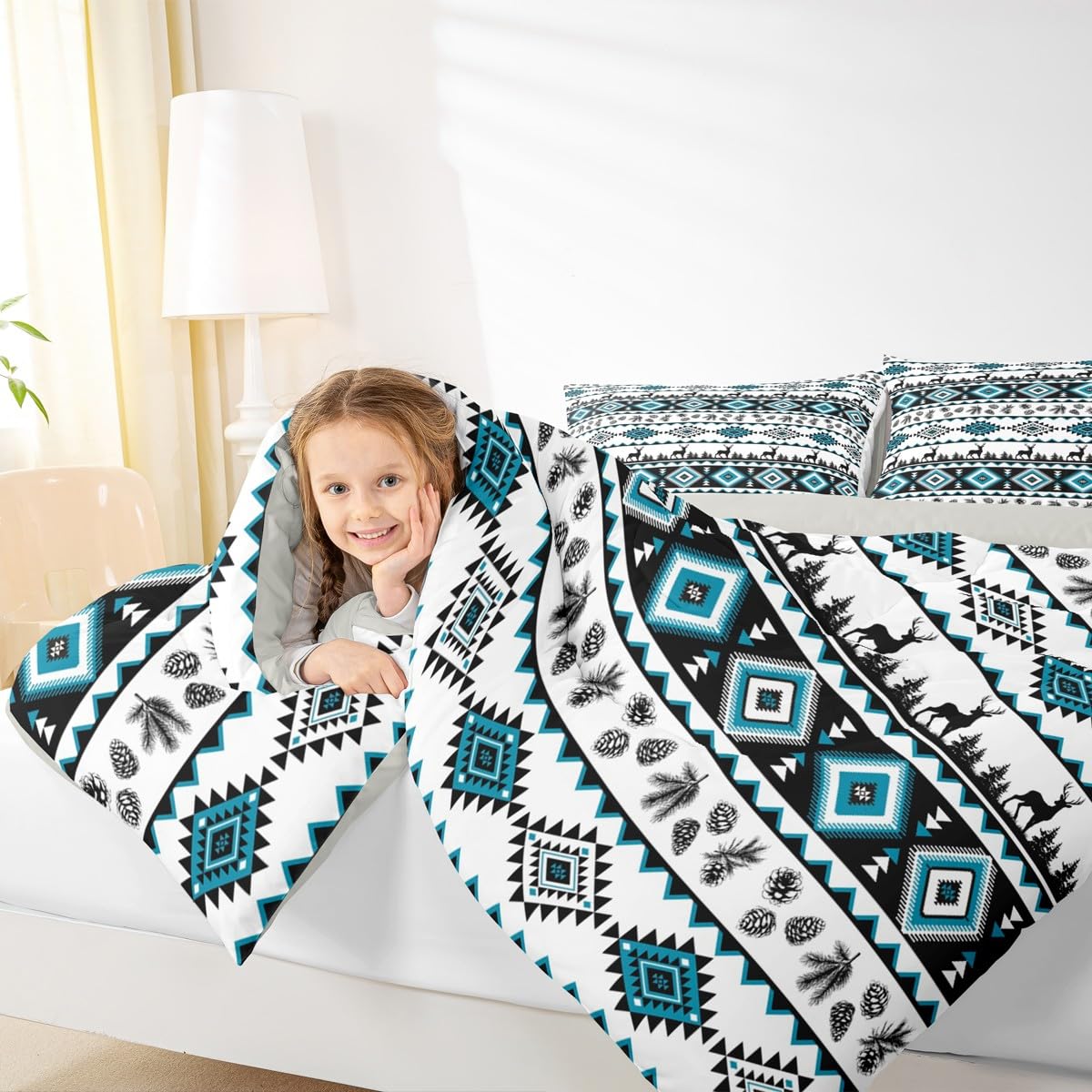 Deer Silhouettes Comforter Set Queen Size ,Aztec Abstract Geometric Print Down Alternative Adults Room Decor,Western Elk Animals Southwest Tribal Ethnic Ultra Soft Microfiber Inner Fill 3Pcs Bedding