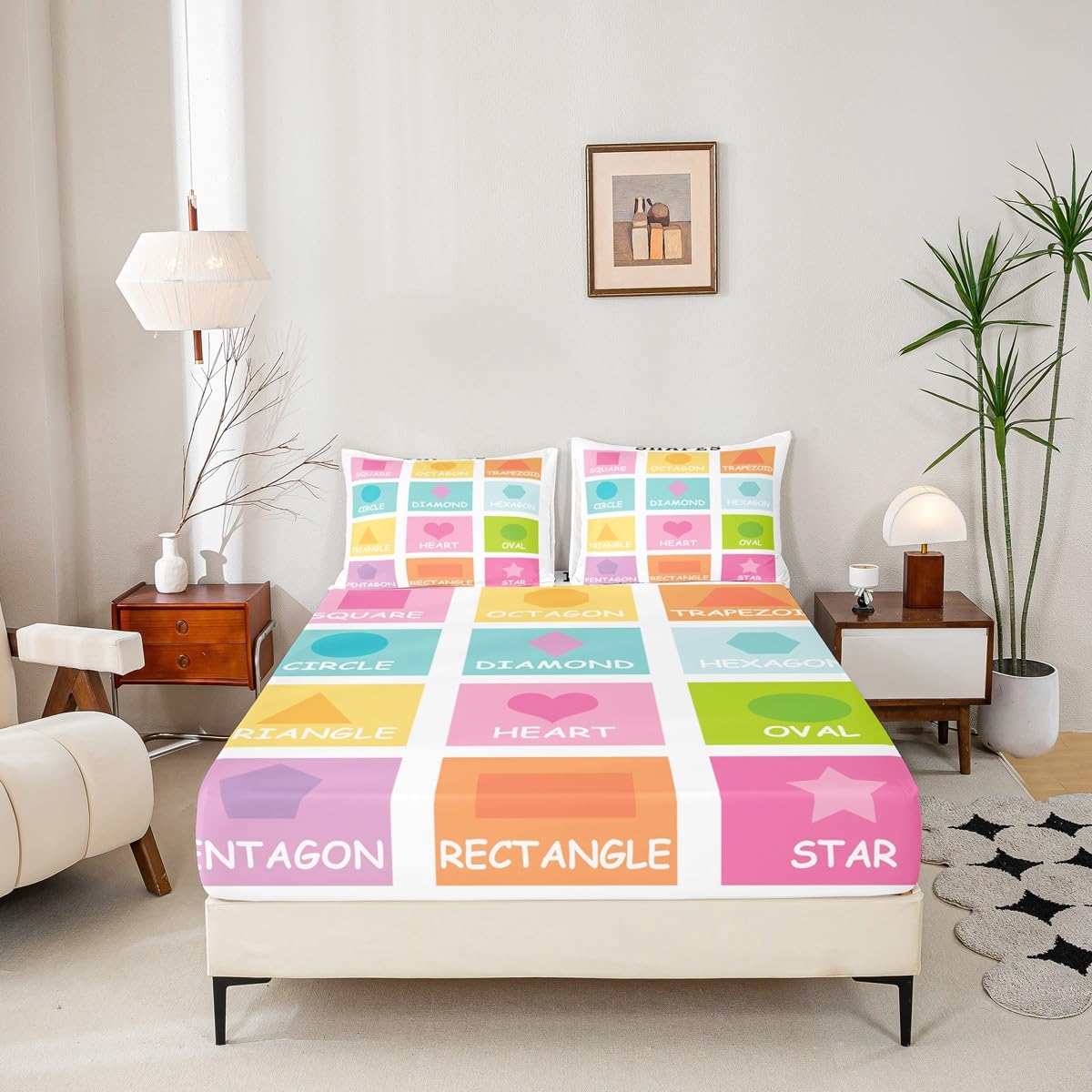 Feelyou Kids Shapes Fitted Sheet Twin Size, Educational Bed Sheet Set Boys Girls Preschool Bedding Set Learning Teens Bedroom Decor Lightweight Bed Set (No Flat Sheet)
