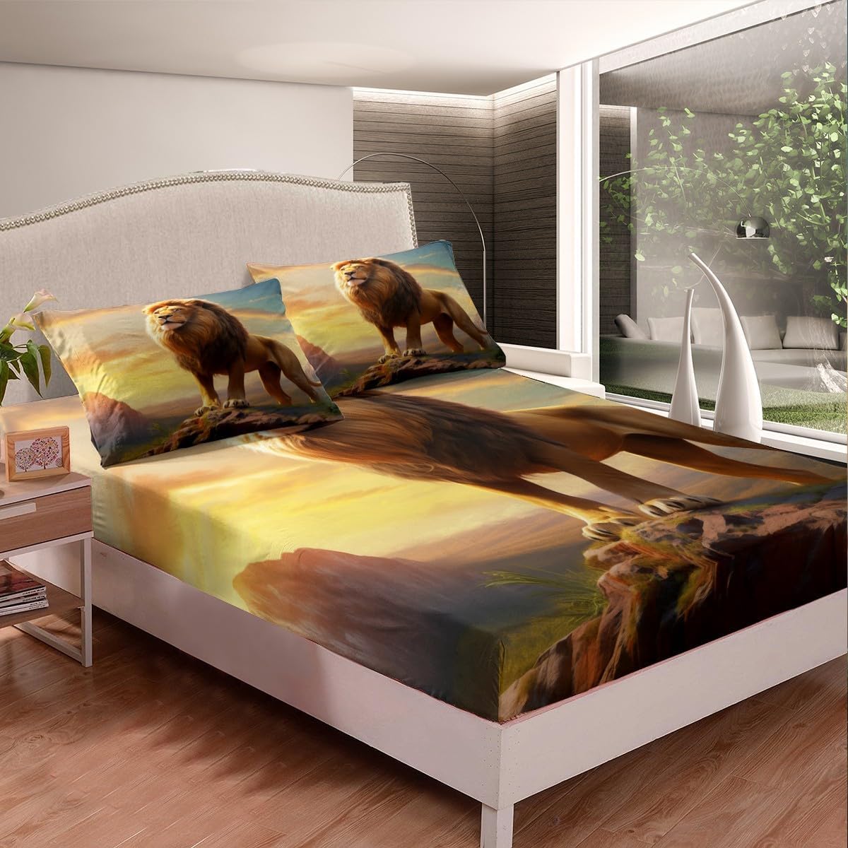 Homewish Fierce Lion Fitted Sheet Queen Size,Wild Animal Theme Bedding Set for Kids Teens Adults Men Room Decor,African Plateau Natural Scenery Sheet Set 3Pcs,3D Lion Sunset Bed Sheet,2 Pillowcases