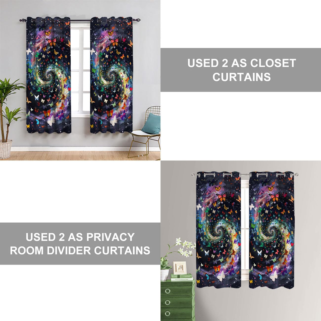 Chaohuan Colorful Butterfly Door Curtain, Space Galaxy Swirl Starry Sky Closet Door Cover Curtain for Kids Boys Girls Teens Bedroom Living Room 1 Panel 34" W X 80" L