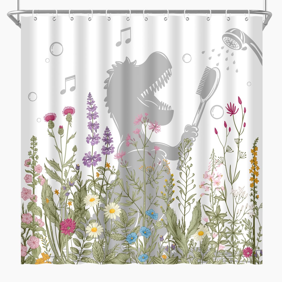 BIYSUC Dinosaur Shower Curtain Funny Dino Sing Bathe Behind Wildflowers Trex Silhouette Shadow for Kids Bathroom Home Decor Waterproof Polyester Fabric 72Lx72W Inch with Hooks