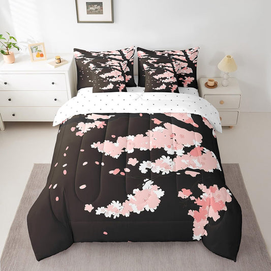 Erosebridal 7 Piece Cherry Blossoms Bed in a Bag for Adult Women Japanese-Style Pink Sheet Set Romantic Theme Bedding with Comforter Girls Boys Teens Botanical Flowers Cushion Covers, Full Size